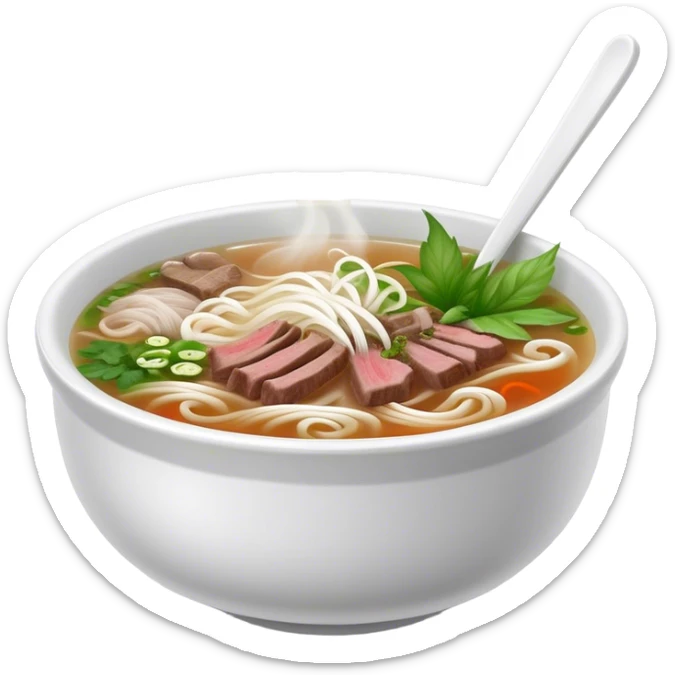 Cinematic Realistic Pho Dish Emoji, depicted as a steaming bowl of aromatic beef noodle soup with herbs rendered with lifelike textures and vibrant, warm lighting. sticker