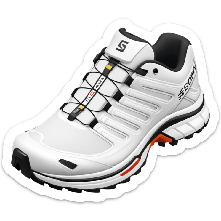 Ultra minimalist white Salomon XT-6 shoes, extremely simplified iOS emoji style, one behind the other, flat colors, very basic lines, essential details only, clean design sticker