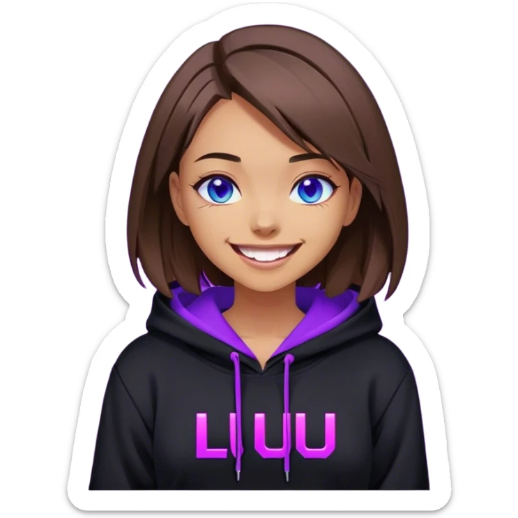 brown haired girl with a bob and blue eyes wearing black hoody with violet letters "Lu", laughs. Cyberpunk style. Violet neon. sticker