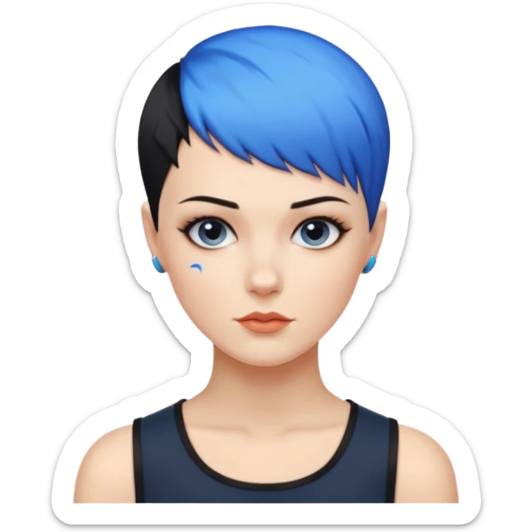 frau, kein kind freche extreme schwarze Kurzhaarfrisur eine Seite wirklich fast keine Haare andere Seite mit blauer Strähne kurze Seite noch viel kürzer sticker