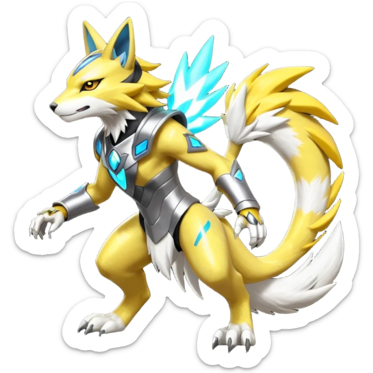 Modern futuristic shiny colorful Lombax-Zeraora-Renamon-fusion (full body) sticker
