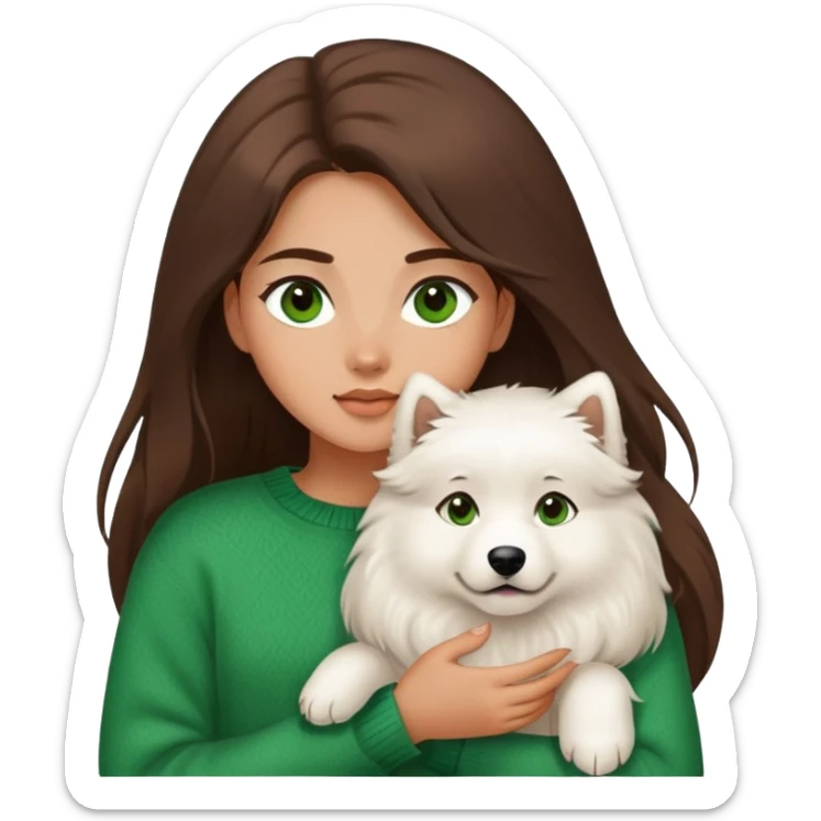 A brunette girl with long hair and green eyes, and wearing a brown sweater, holding a samoyed with Brown eyes sticker