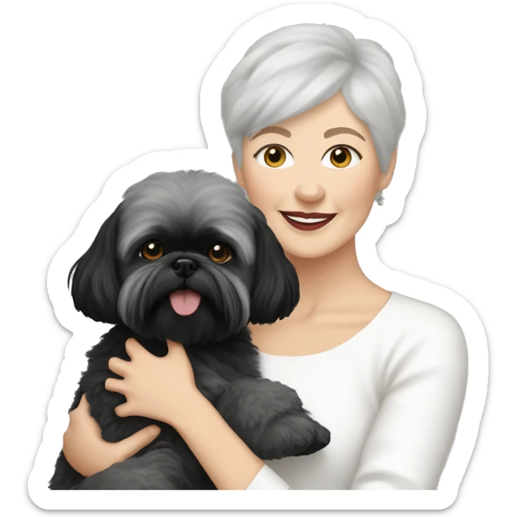 White women with short grey hair holding black shih tzu and white bichon frise dogs  sticker