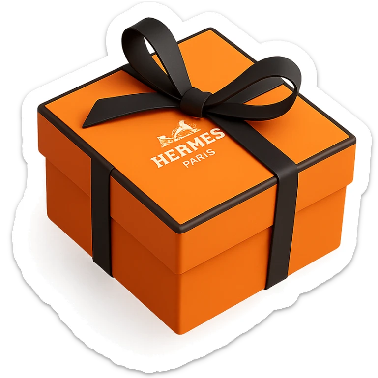 Add the Hermès logo to the center of the 3D orange box with a black ribbon tied in a bow. Maintain the same square shape and proportions, minimal style, on a white or transparent background. sticker