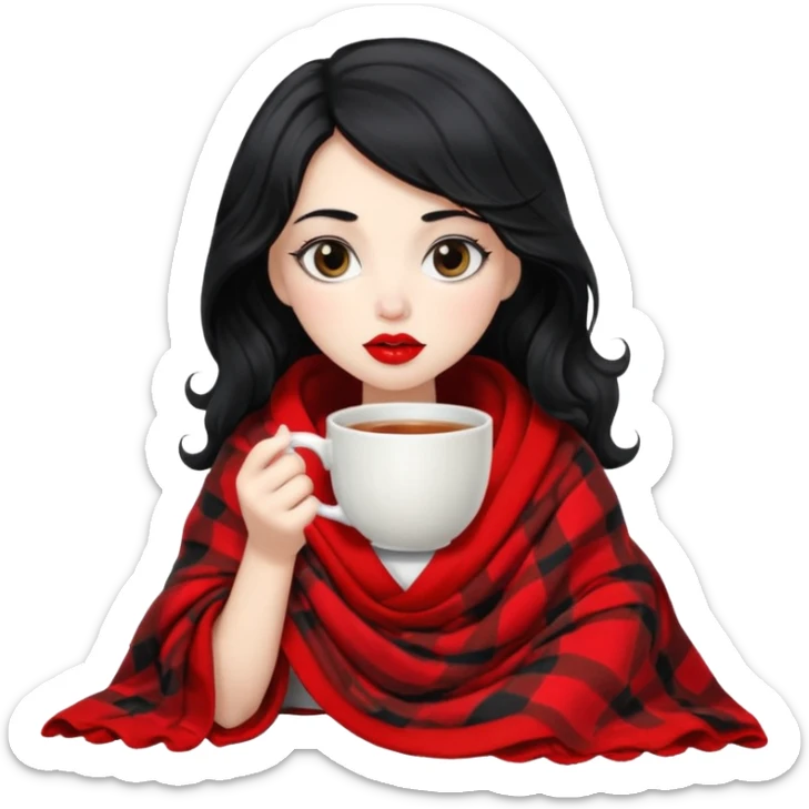 Long wavy Black haired, white skinned, black big eyed girl with red lipstick wrapped in a blanket, sipping tea sticker