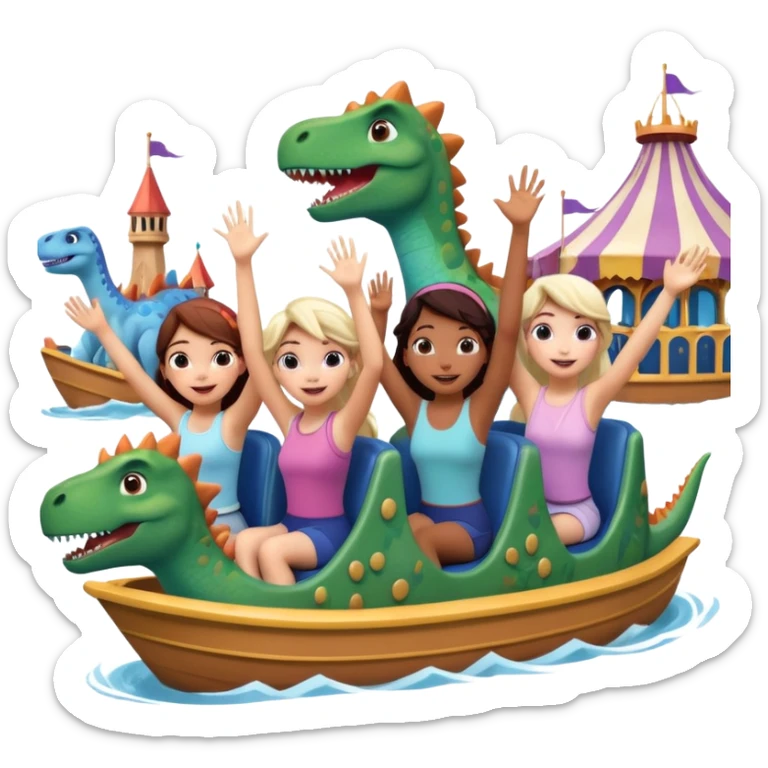 4 chicas montadas en una atraccion de levantando la mano con orejas de dines puestas en una atracción, la barca esta diseñada con dibujos de frozen sticker