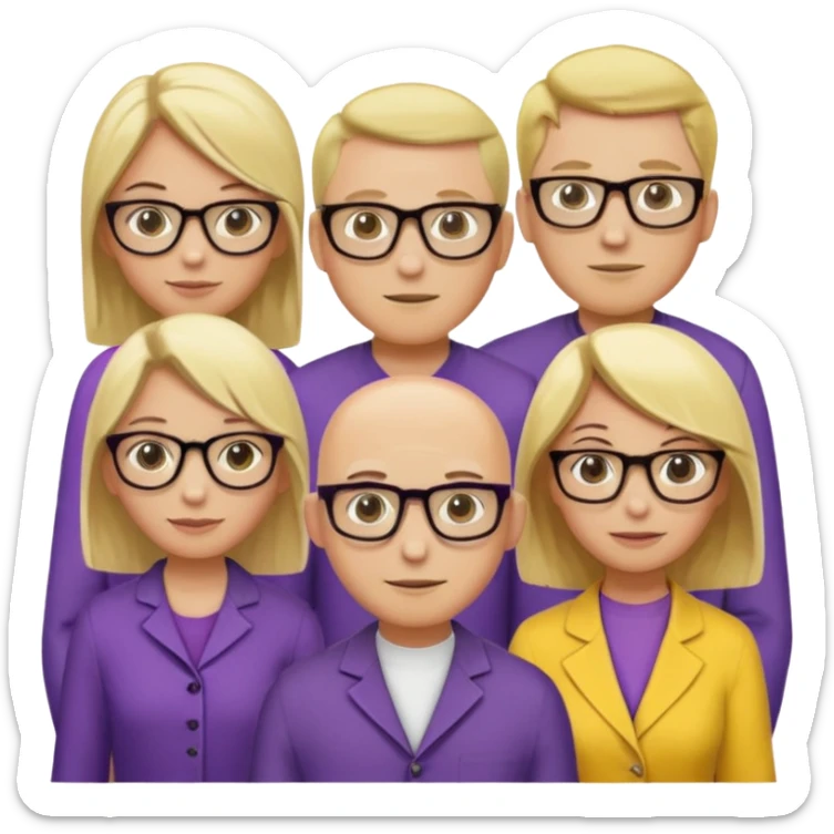 FIVE person team; 2 men and 3 women.  All dressed in yellow or purple.  2 caucasian women have blonde and 1 has ash blonde hair tied up.  1 man is black and bald, 1 man is caucasian and very little hair left.  All have glasses sticker