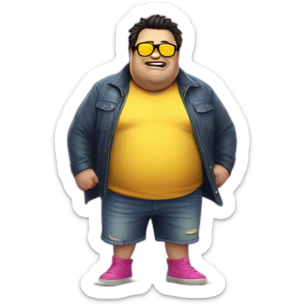 fat man with dark hair,a vibrant long yellow jacket, pink glasses, short jeans shorts. Show full lenght peson, person fighting a monster as superhero sticker