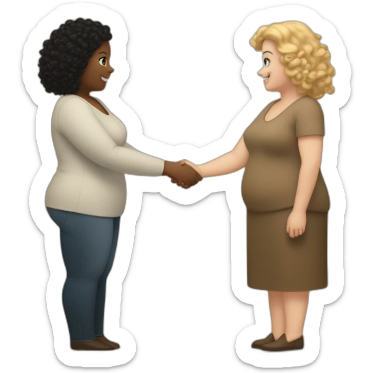 tan chubby woman with black curly hair shakes hands with a chubby pale woman who has straight light brown hair sticker