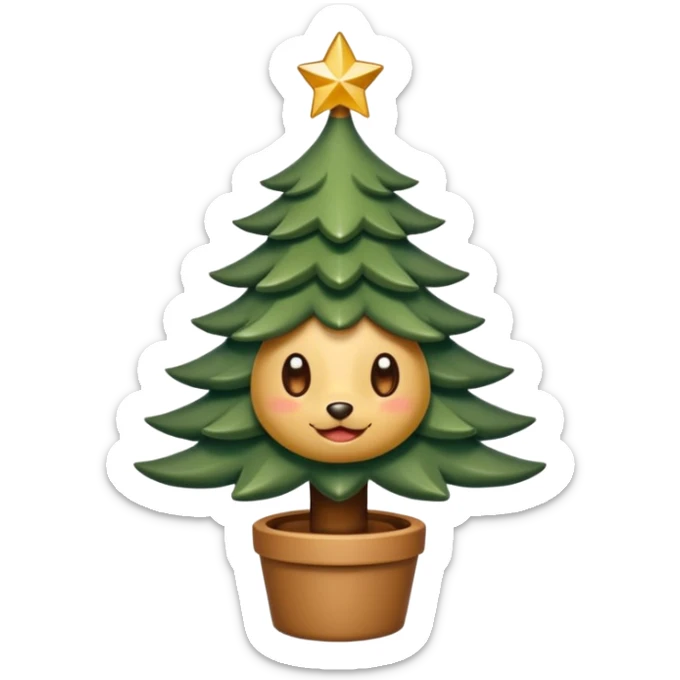 Un emoji représentant un petit sapin stylisé, sans bouche, avec deux grands yeux de biche brillants couleur cannelle. Style minimaliste, mignon et expressif, comme un sticker ou un emoji moderne. Fond parfaitement transparent, haute qualité, bien centré. sticker
