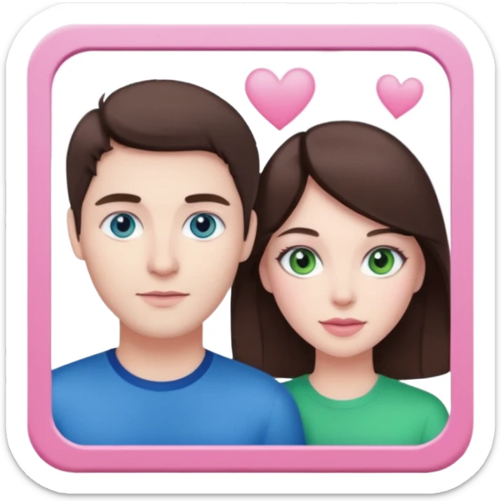 pink polaroid photo of a couple thats white with brunette hair blue and green eyes sticker