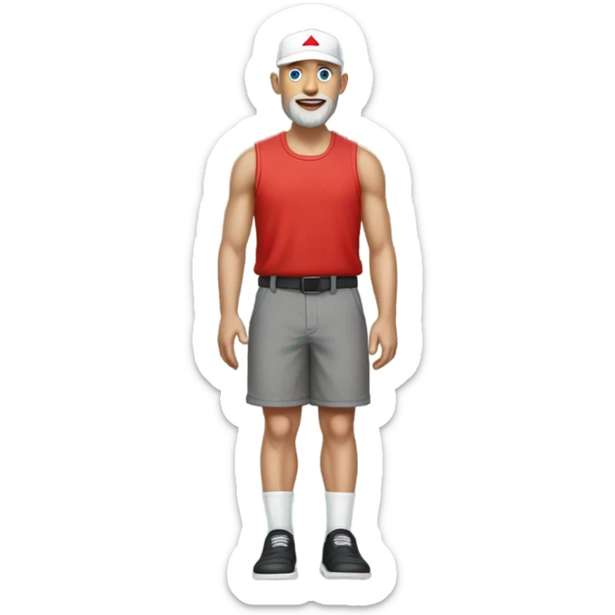 white bald guy wearing a gray wife beater with black sporty shorts white socks and black flip flops with a red maga cap with blue eyes and 3 day beard sticker