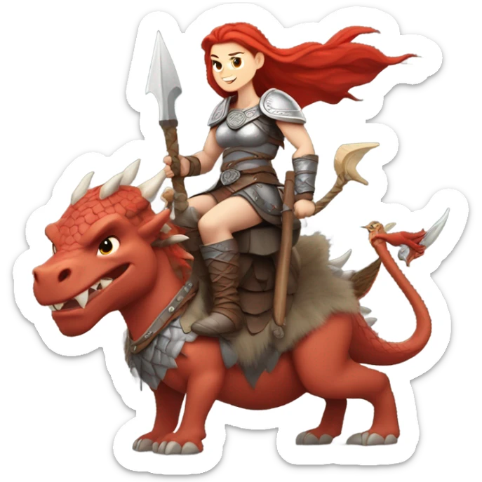  White Viking red head pale skin beautiful dragon  queen with a Viking solder with a gray man bun built white solder on a dragon  sticker
