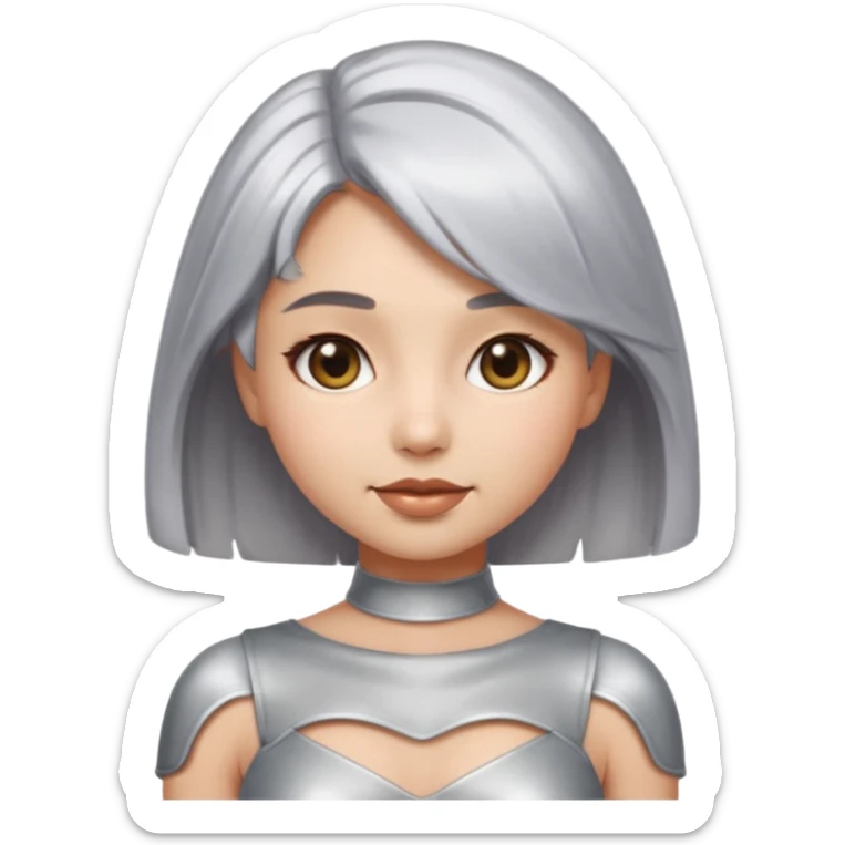 sexy Girl emoji with metallic silver hair, iOS emoji style, soft facial features, glossy chrome hair texture, minimal shading, clean background, modern aesthetic sticker