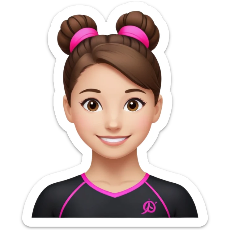 Happy female gymnast with brown hair in a neat bun, wearing a black uniform with neon pink elements. sticker