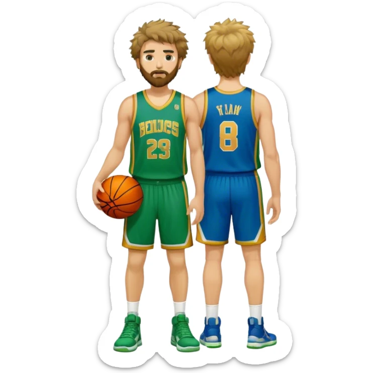 full body wHITE MAN WITH GOLD TEE BEARD  SHAGGY HAIR BASKETBALL PLAYER WEARING BLUE AND GREEN UNIFORM sticker