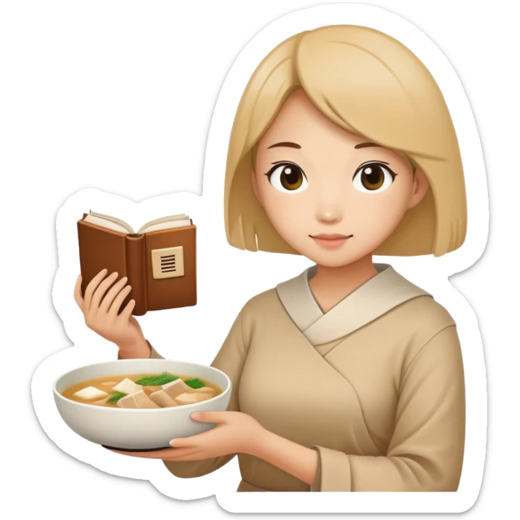 A woman holding a book with samgyetang in front of her in a bowl sticker
