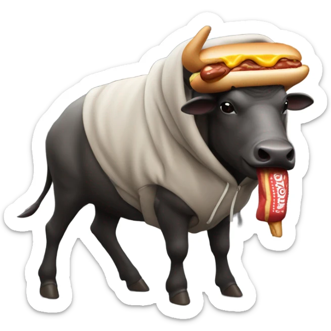 Water buffalo wearing a hoodie walking down a New York eating a hotdog sticker