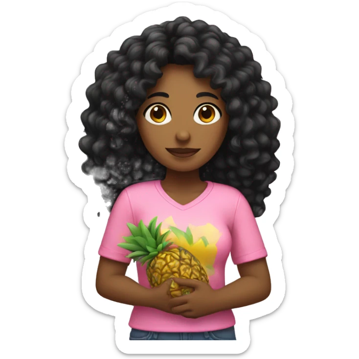 woman with long black curly hair wearing pink holding a pineapple in hands sticker