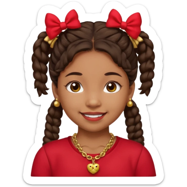 Brownskin girl dark brown hair fluffy. pigtails with red bows brown eyes smiling closed mouth red shirt gold esrrings gold necklace sticker