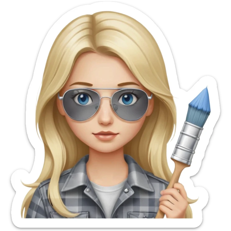 girl with long blond hair, wearing grey plaid shirt with blue eyes and aviator sunglasses wearing a ring on her silver necklace, holding a paint brush roller with a small bit of white paint on her face sticker
