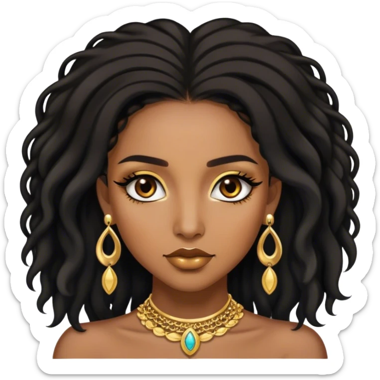 Brown skin women with black shoulder length locks, eyelashes and a lot of gold jewellery  sticker