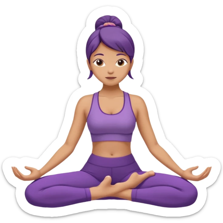 	A woman in purple yoga clothes sitting and bending forward to reach her toes, calm meditation vibe, simple white background. sticker