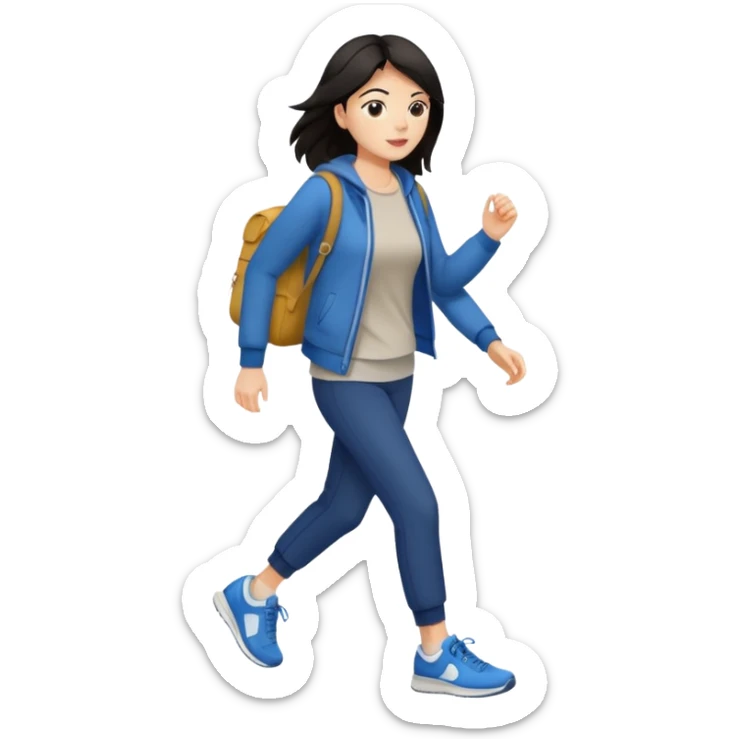 iOS emoji style - a dark haired woman in casual clothes and wearing trainers. Walking quickly. She does not have a bag or backpack.

 sticker
