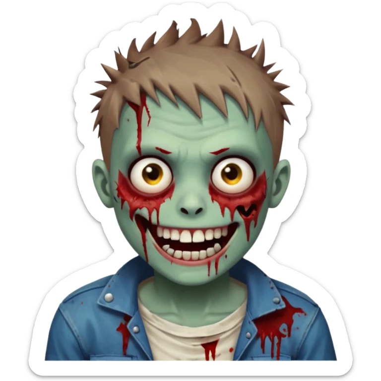 zombie boy with brown short spiky hair, white skin, and white eyes; an open smile, and bloodied teeth; sticker