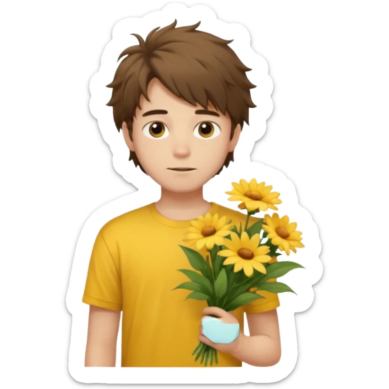 generate an ios genmoji of a 20 year old fair boy with brown long and messy hair with faint beard on cheeks. carrying a flower bouquet, wearing a yellow tshirt, looking shy.  sticker