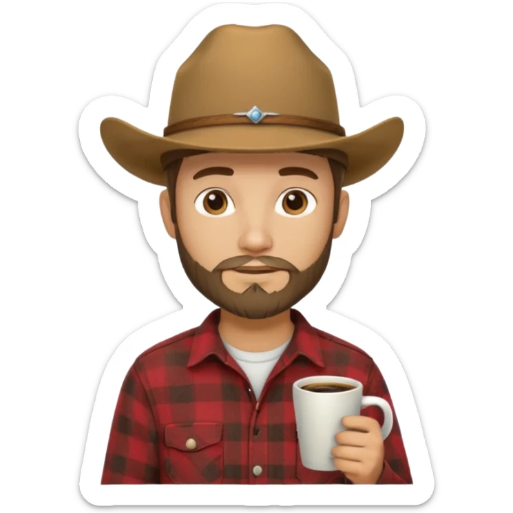generate an ios genmoji of a 20 year old tan boy with a cowboy hat and side burn beard. Wearing a flannel and carrying a coffee mug sticker