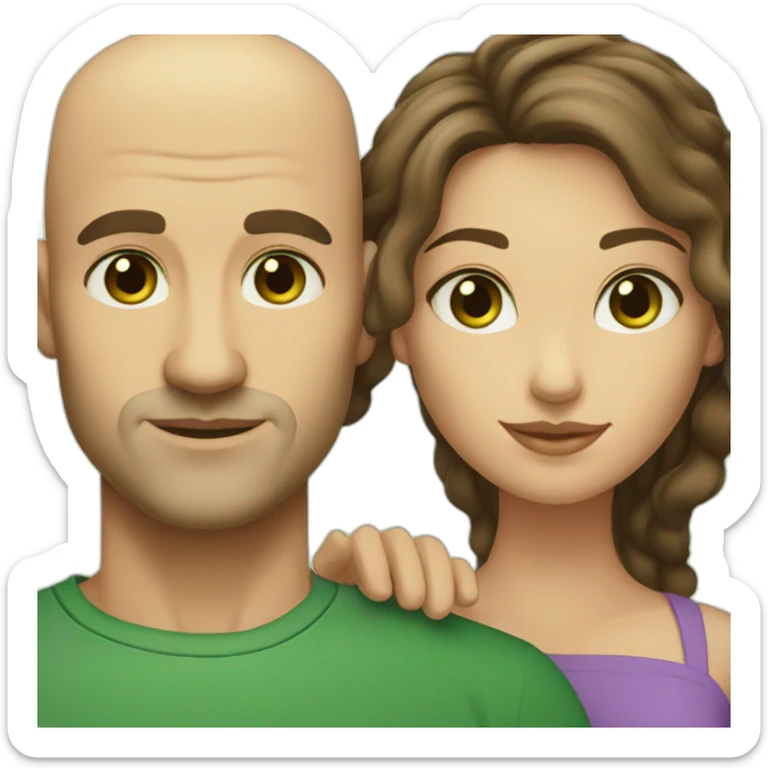 caucasian bald man with green eyes and a caucasian woman with long curly dark hair and brown eyes sticker