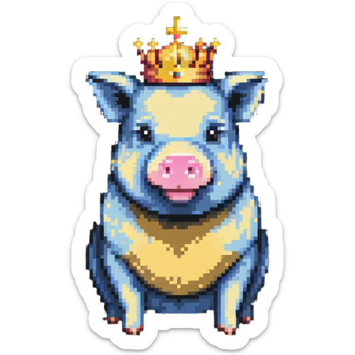 cute pig with a golden crown, chunky, colorful, simple, playful, pixel art style sticker