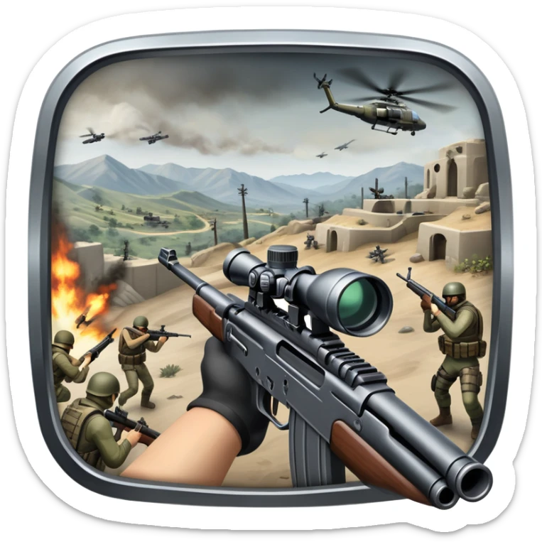 An icon representing a first-person shooter, inspired by Call of Duty. The design shows hands holding a rifle at the bottom of the screen, with enemies in the background and a detailed landscape. The action is intense, with gunfire and dynamic movement. Transparent background. sticker