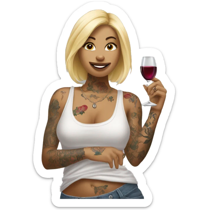 Blonde women in, her body covered with tattoos, wine in her one hand and pointing you with other hand sticker