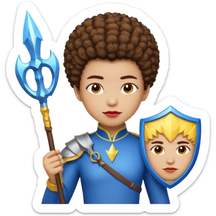 Emoji metisse femboy mais plus masculin avec drapeau ukrainien arriere plan, un afro, sourcils rouge, fourche trident, et eclairs et sur fond bleu clair irrisé. Peau lightskin, yeux marron et cheveux marron bouclés mais en mode afro pixi cut sticker