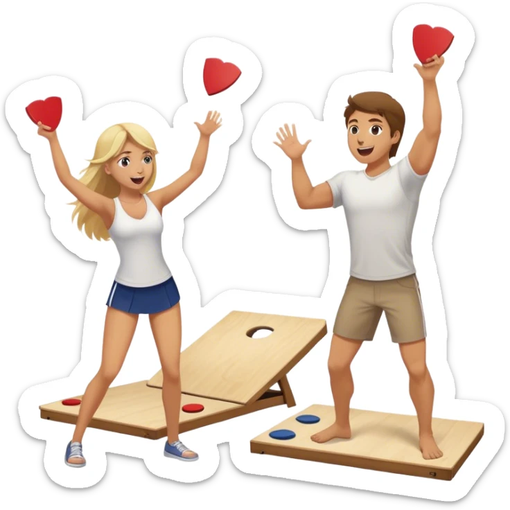 Fit man with brown hair playing cornhole with a blonde hair girl cheering him on sticker