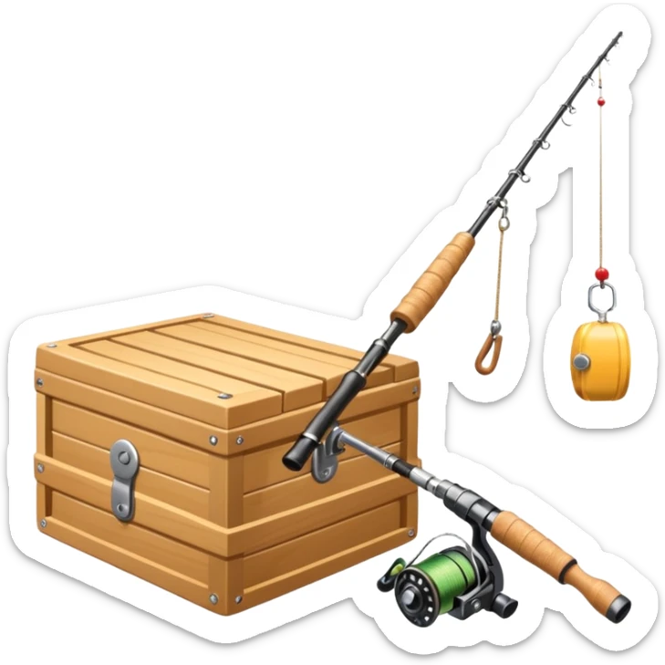 A fishing rod with reel and line neatly coiled beside a bait box. sticker