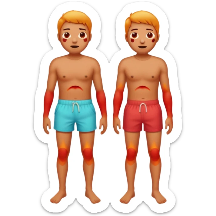 Emoji-style person in beach shorts, skin visibly sunburned and red on arms, legs, and face Expression shows mild pain or discomfort, cute rounded emoji desig sticker