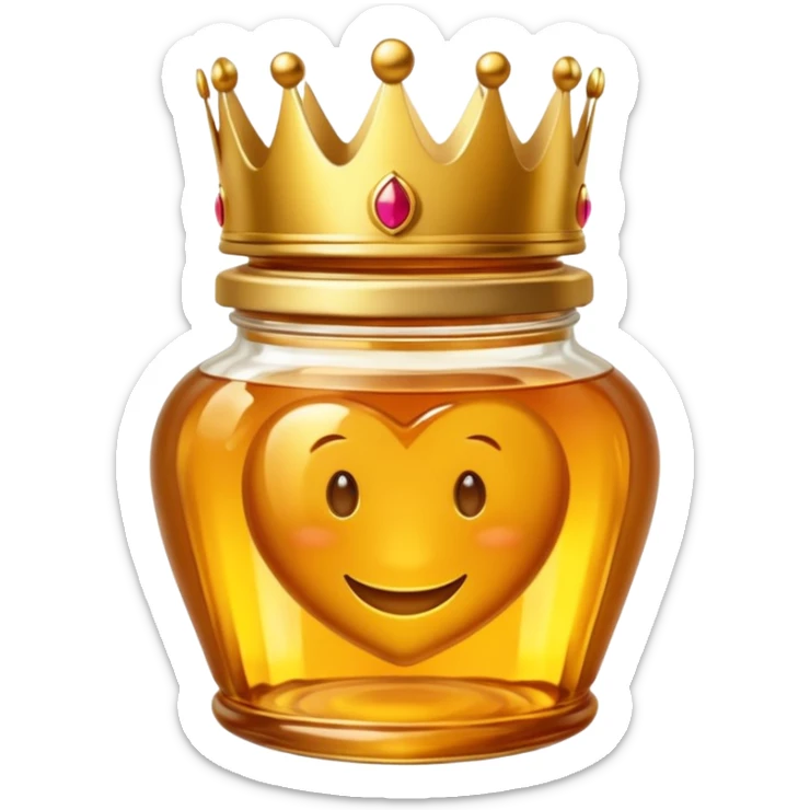 Honey jar filled with golden thick liquid, on top of the jar a big crown sticker