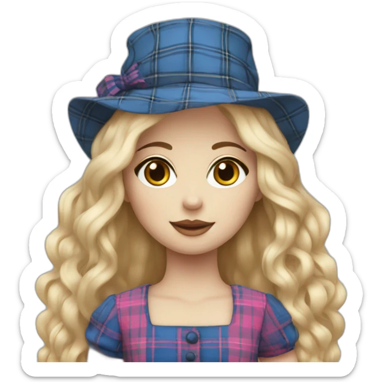 ragdoll with blond hair, pink hat and blue tartan dress sticker