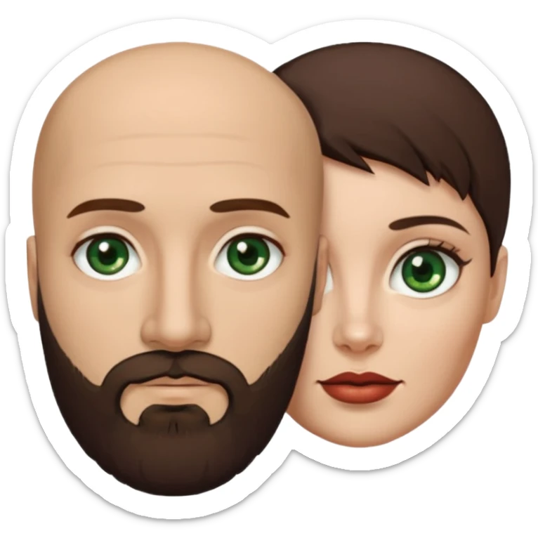 Man beard bald white dark green eyes, woman medium hair brown brown eyed latina, they have different eye color man dark green woman dark brown sticker
