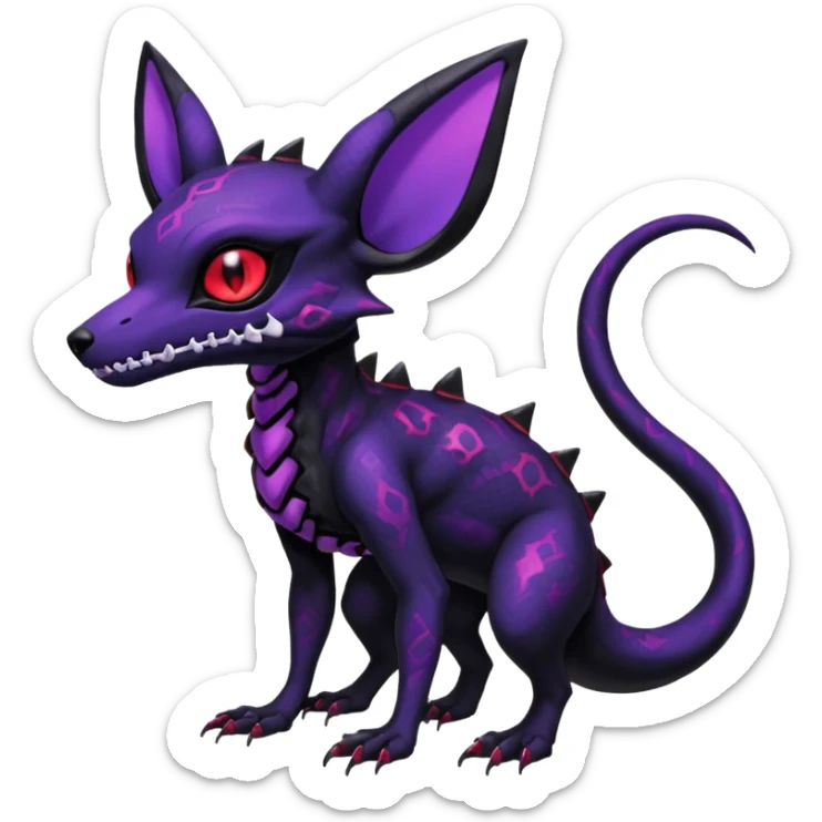 Gothic Black red purple Scaley Exotic Salandit-Umbreon-Noibat-Fakémon-hybrid-creature (full body), 4 legs, white skull face mask sticker