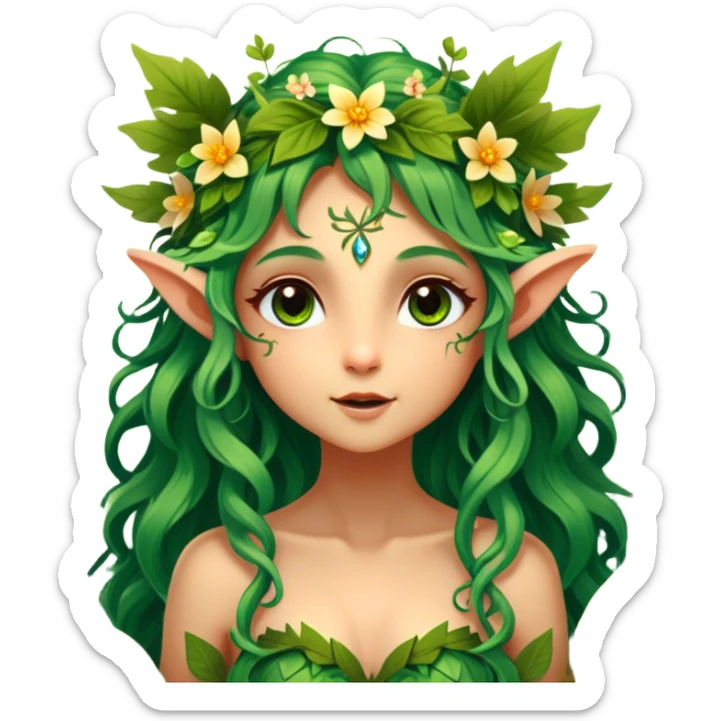 Cinematic Realistic Forest Nymph Fairy Portrait, head tilted playfully and inquisitively, showcasing a nature-inspired form with intricately detailed, sunlit tanned skin and cascading hair interlaced with leaves and blossoms. Her bright, curious eyes sparkle with forest mischief, rendered with lifelike clarity and warm, dappled lighting that captures the spirit of an enchanting woodland fairy ready to dance among the trees. sticker
