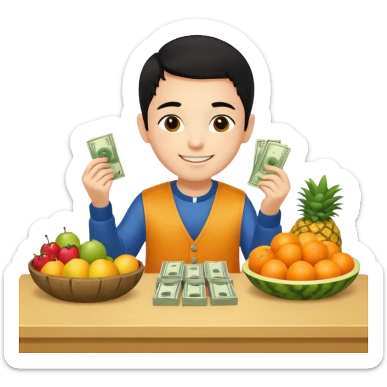 chico piel clara pelo negro con ropa de frutero sentado en una mesa contando mucho dinero sticker