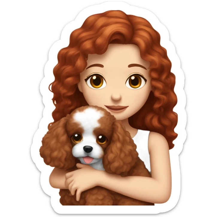 A white girl with long red-brown hair hugging a cute small red brown toy poodle puppy  sticker