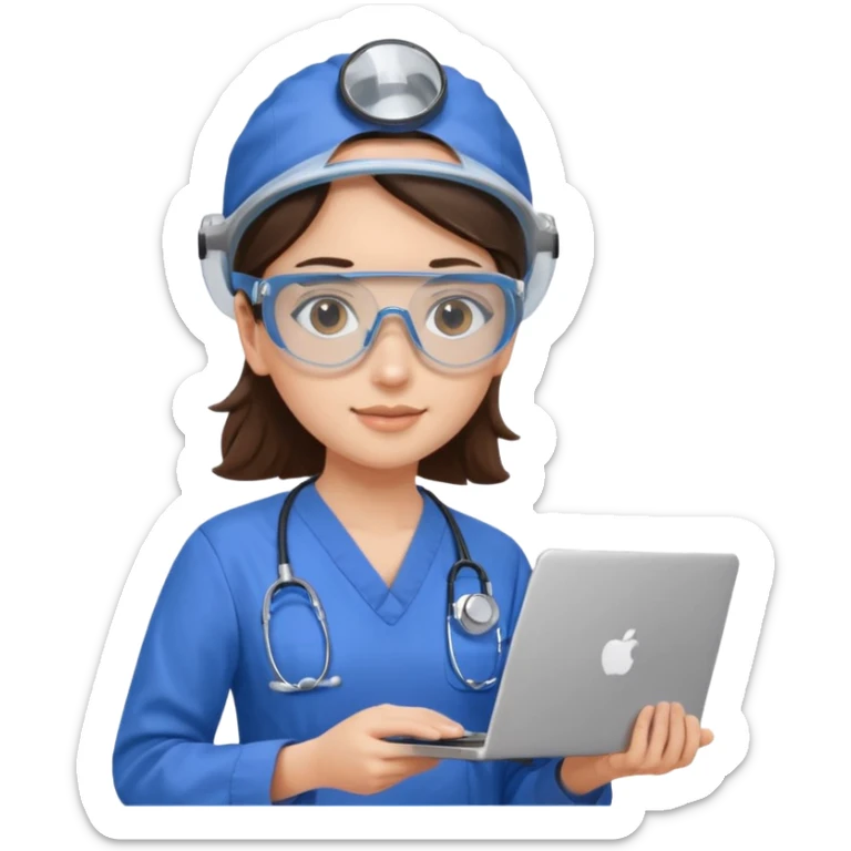 i need a brunette young woman in blue scrubs with brown eyes fair skin with safety goggles on and a laptop for research  healthcare research no safety helmet sticker