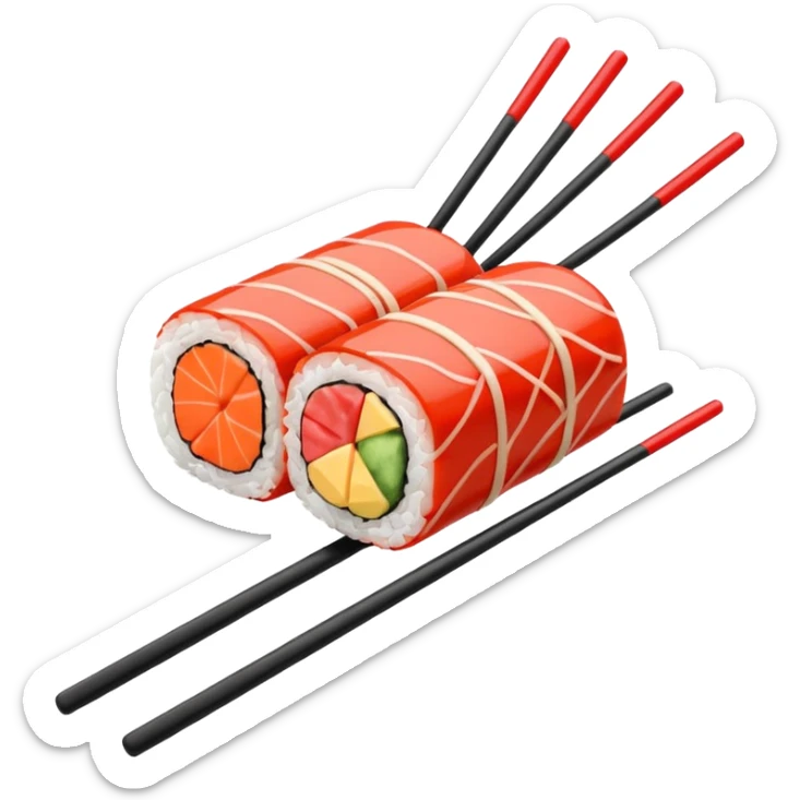Japanese cuisine humanless avatar in minimalist emoji-style illustration. Sushi, roll and 2 chopsticks, clean lines, red white colors, flat design, calm and modern. sticker