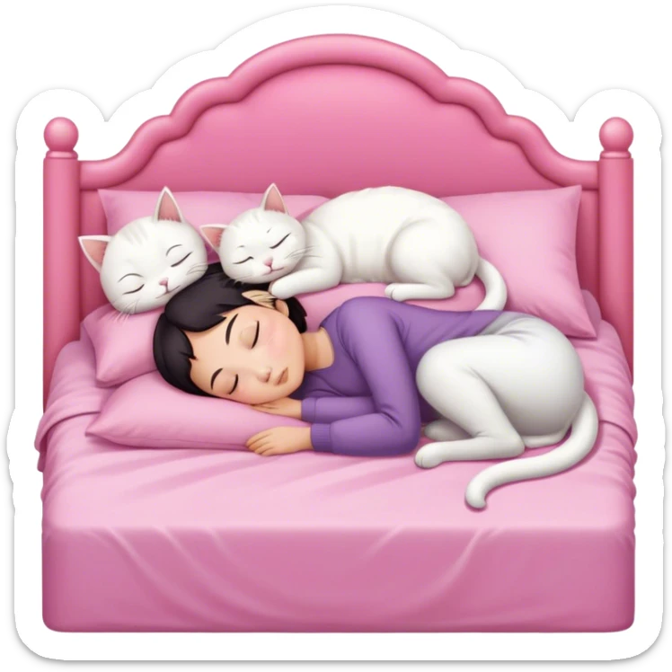White cat sleeping with Asian girl short hair in pinky bed  sticker