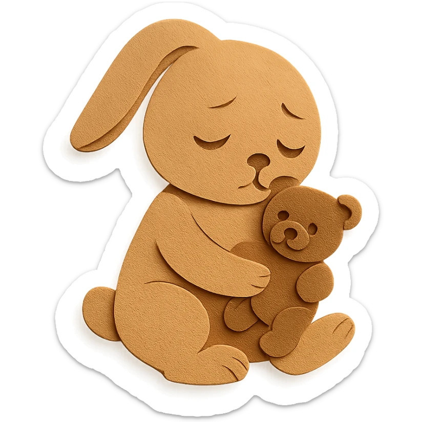 flawless, highly detailed, high quality paper craft style illustration of a caramel-colored bunny holding a teddy bear, eyes drooping, perfect proportions, no imperfections, intricate textures, soft lighting, delicate cut-paper details sticker